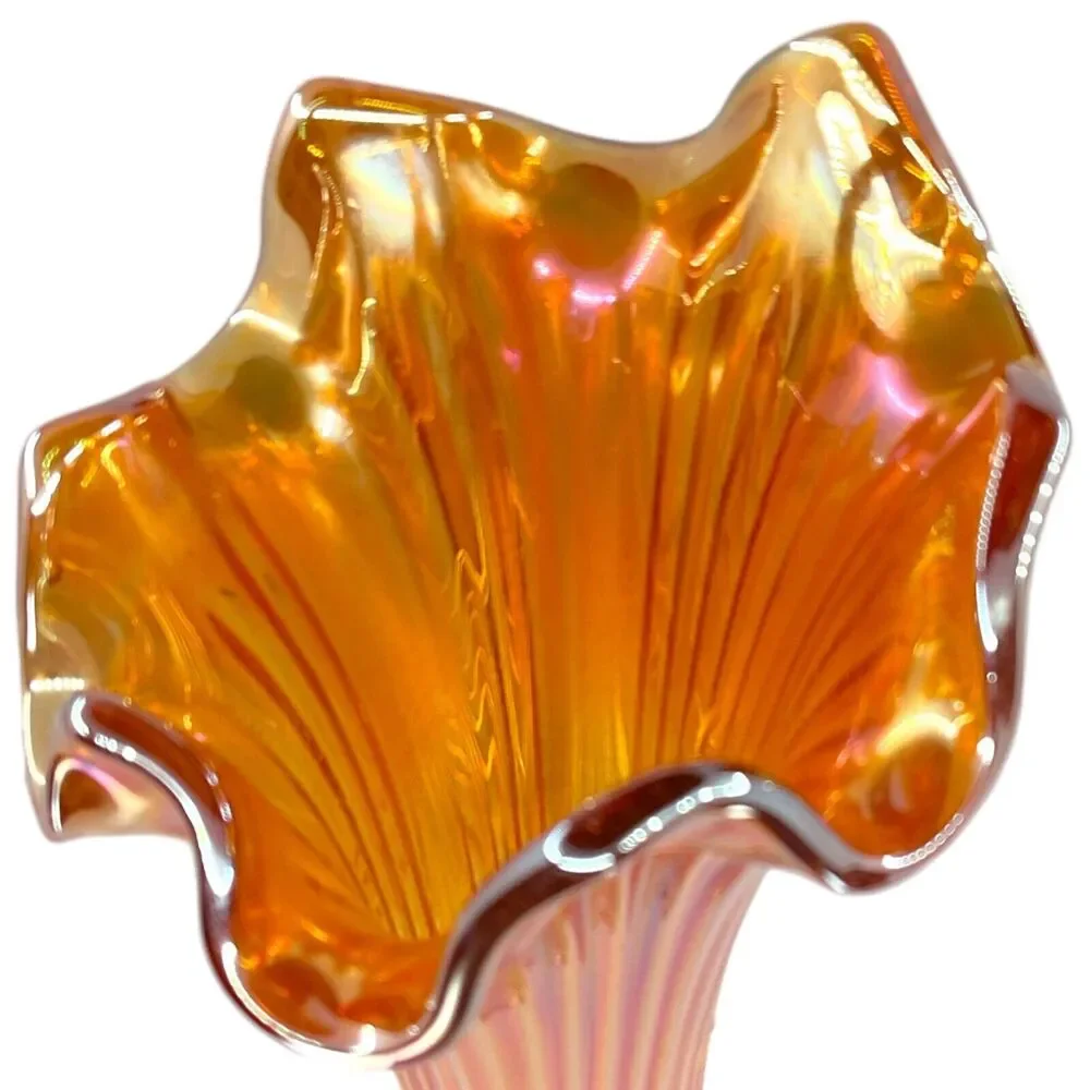 Marigold Fenton Swung Glass Vase Carnival Glass Amber Orange Ribbed Six Fingered